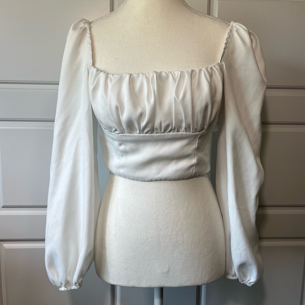 Princess Polly White Long Sleeve Crop Top Square Neck Ruched Blouse Puff Sleeve